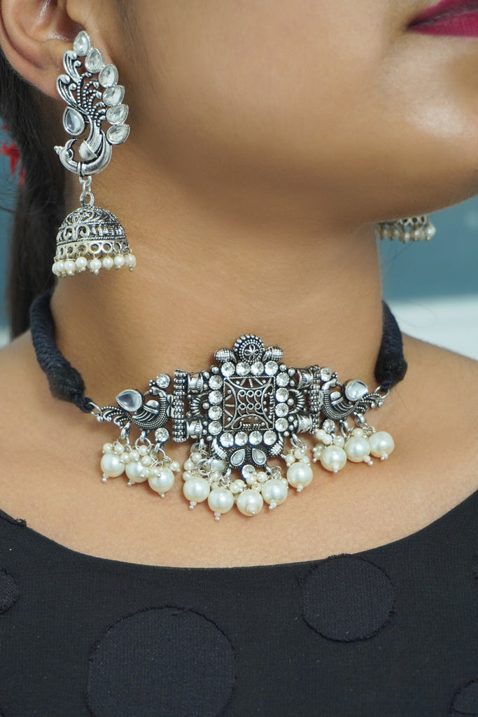 Choker Necklace with Jhumkas Silver Oxidised - Oxidized Silver Necklace