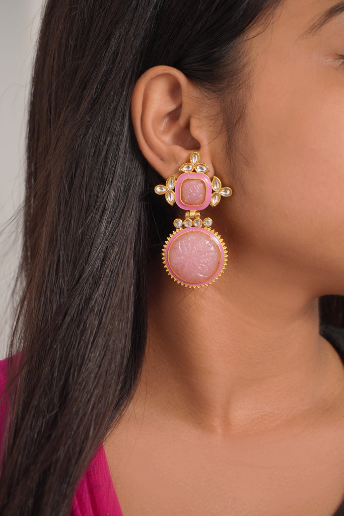 Flamingo Pink Onyx Gold Plated Kundan Earring