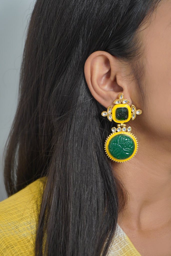 Phthalo Green Onyx Gold Plated Kundan Earring - Earrings
