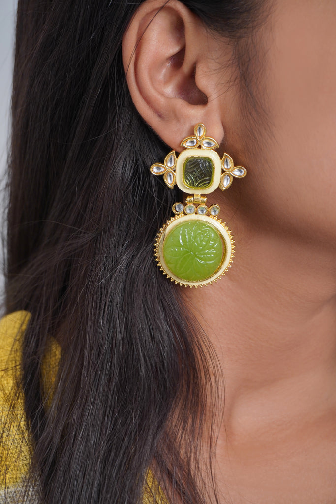 Green Onyx Gold Plated Kundan Earring-Kundan Earring