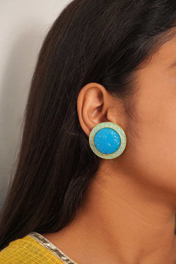 Handcrafted Azure Blue Gold Plated Stud Earring - Earring
