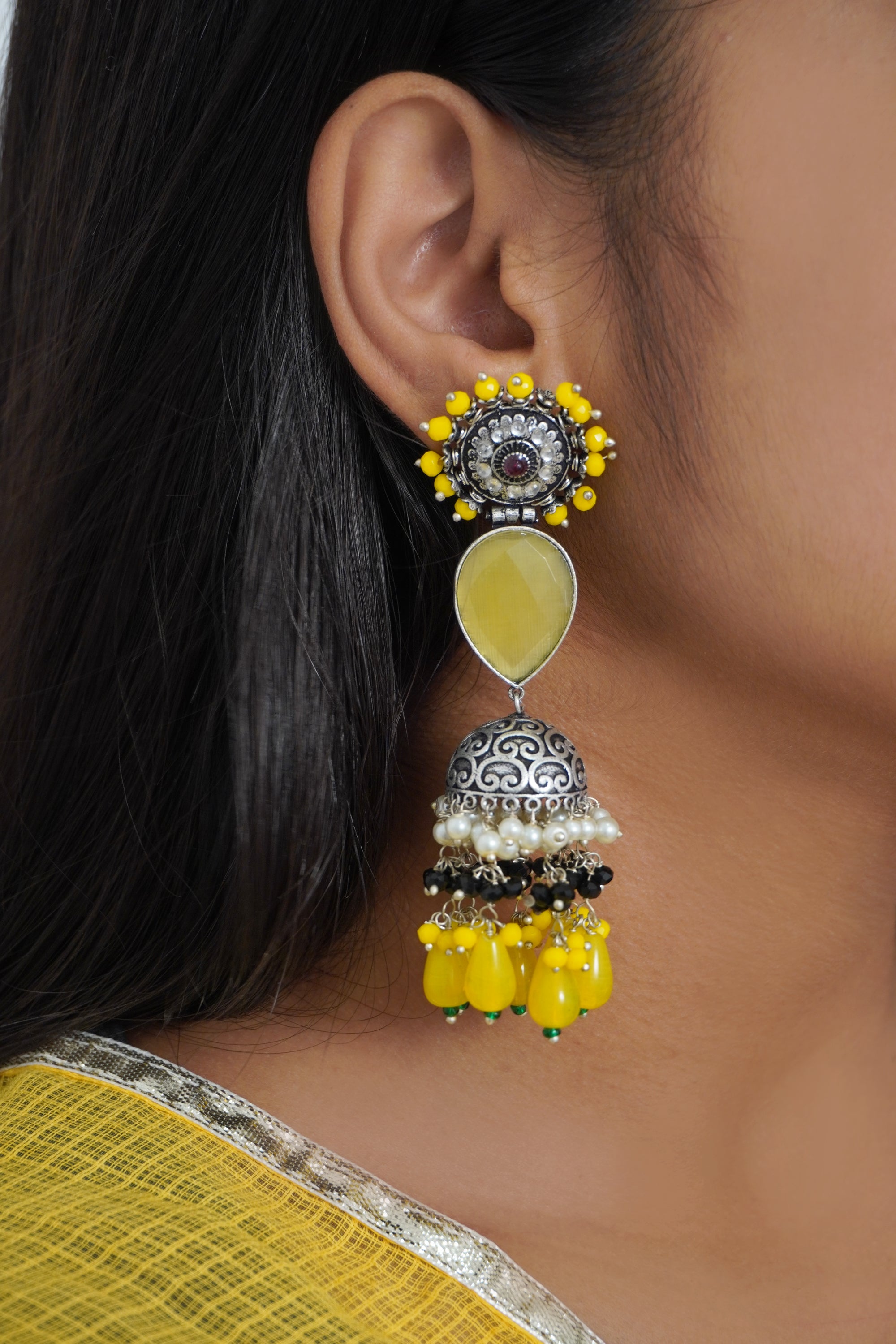 Crafted Handmade Earrings  Sunshine Yellow Color Round Shape Ajagar  Earrings  Excellent Crafts