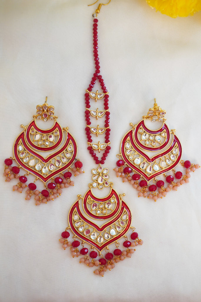 Handcrafted Kundan Meenakari Earring and Maangtikka Set - Rajasthani Meenakari Jewellery Online