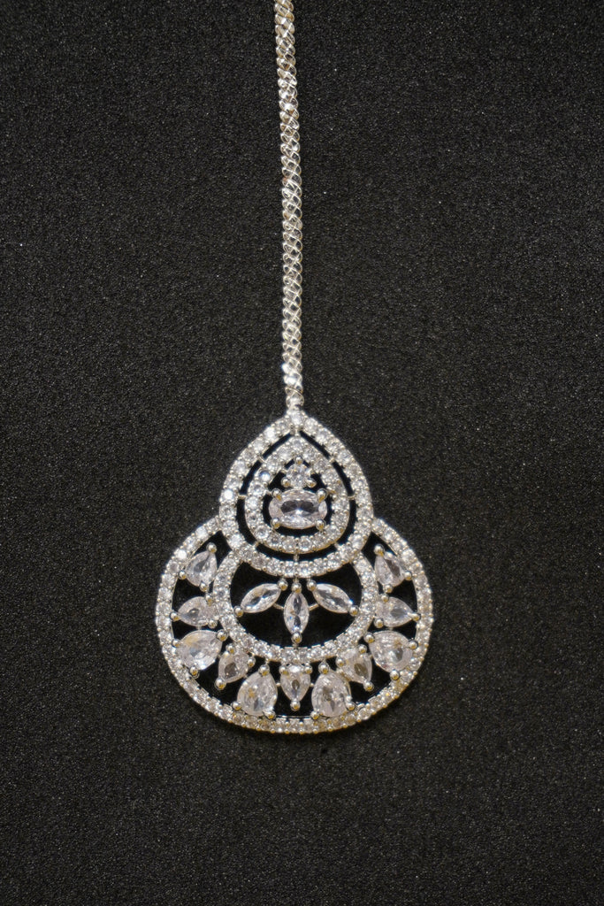 Fancy Rhodium Plated American Diamond Maangtikka - Bridal Maang tikka