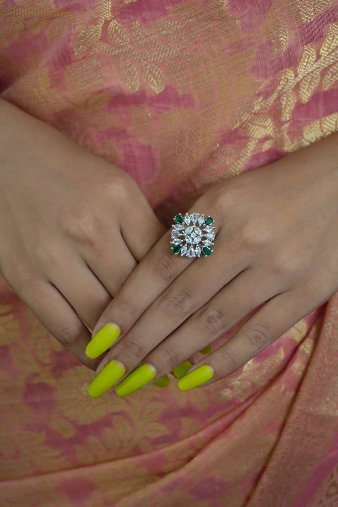 American Diamond Zirconia Stone Studded Ring (Green) - Green Stone Ring for Ladies