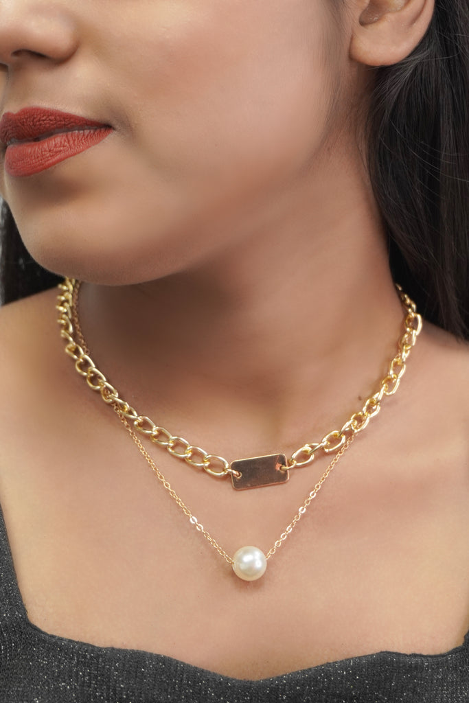 Layered Necklace with Pearl - Gold Chain For Men