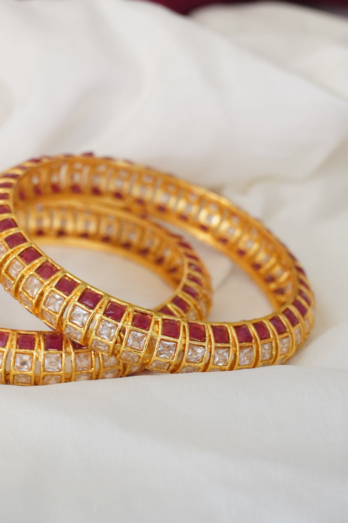Gold Plated Handcrafted Kudan and Ruby Stones Studded Bangles -  Buy Bangles Online