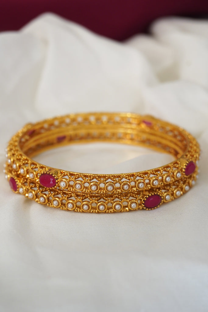 Ruby and Pearl Gold Plated Bangles - Indian Wedding Bangles set Online