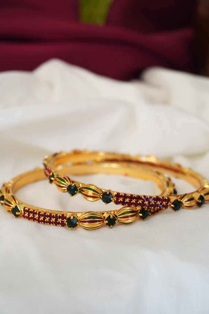 Ruby and Green Stone Gold Plated Bangles - Shop the best quality Gold Kada Design