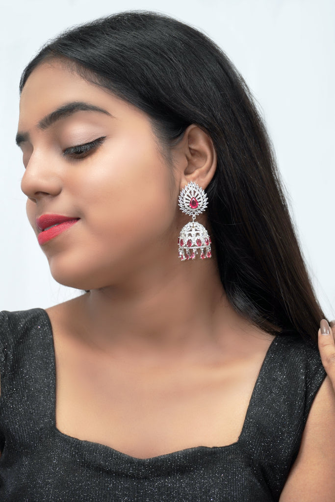 Pink Stone with American Diamond Jhumka Earrings