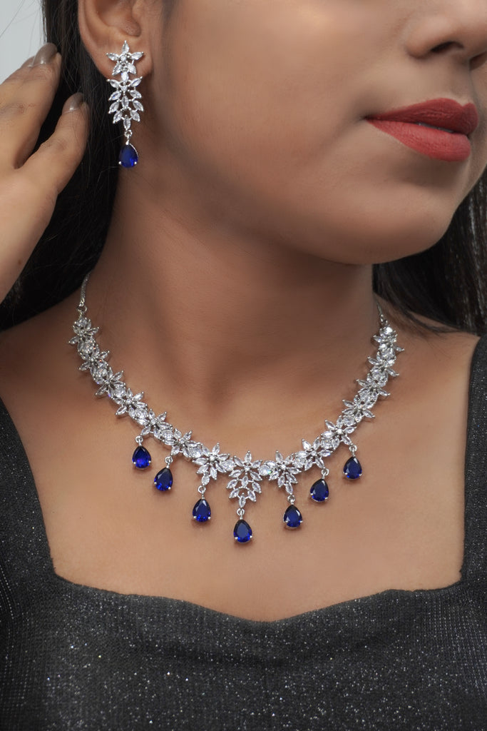Blue Sapphire Necklace Set with American Diamonds - Diamond Necklace