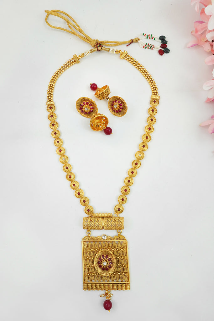 Traditional Filigree Long Necklace 18K Gold Plated Set - Gale ka Set