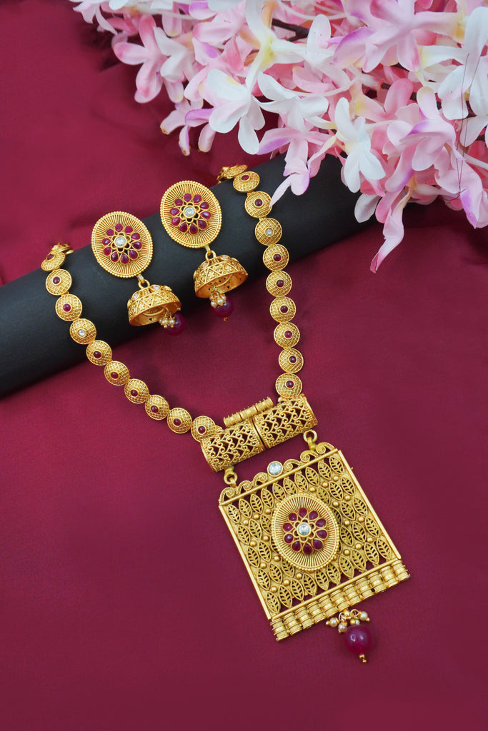 Traditional Filigree Long Necklace 18K Gold Plated Set - Necklace Design