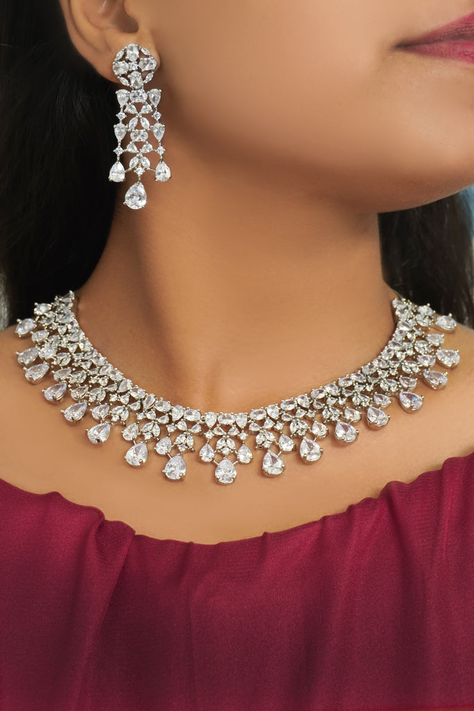 Teardrop Motif American Diamond Necklace Set - ‎Impressive Diamond Necklace