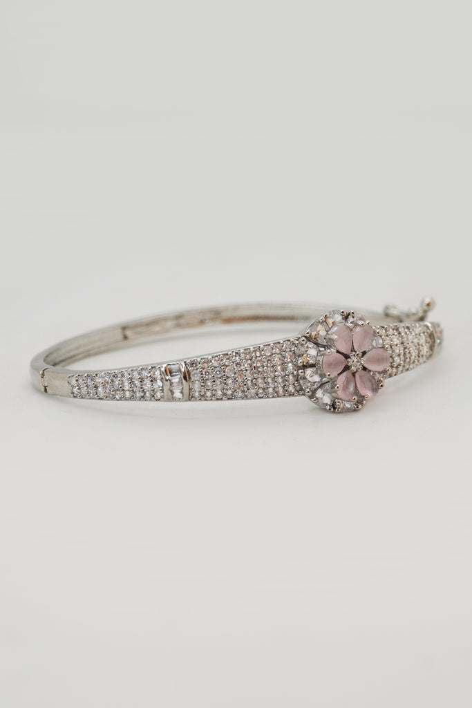 Baby Pink Floral Motif Cubic Zirconia Bracelet - Artificial Diamond Bracelet - Stone Bracelet