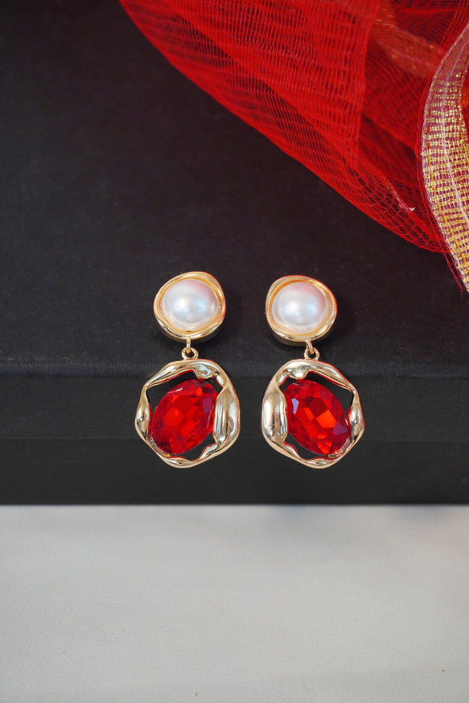 Pearl and Red Stone Earrings