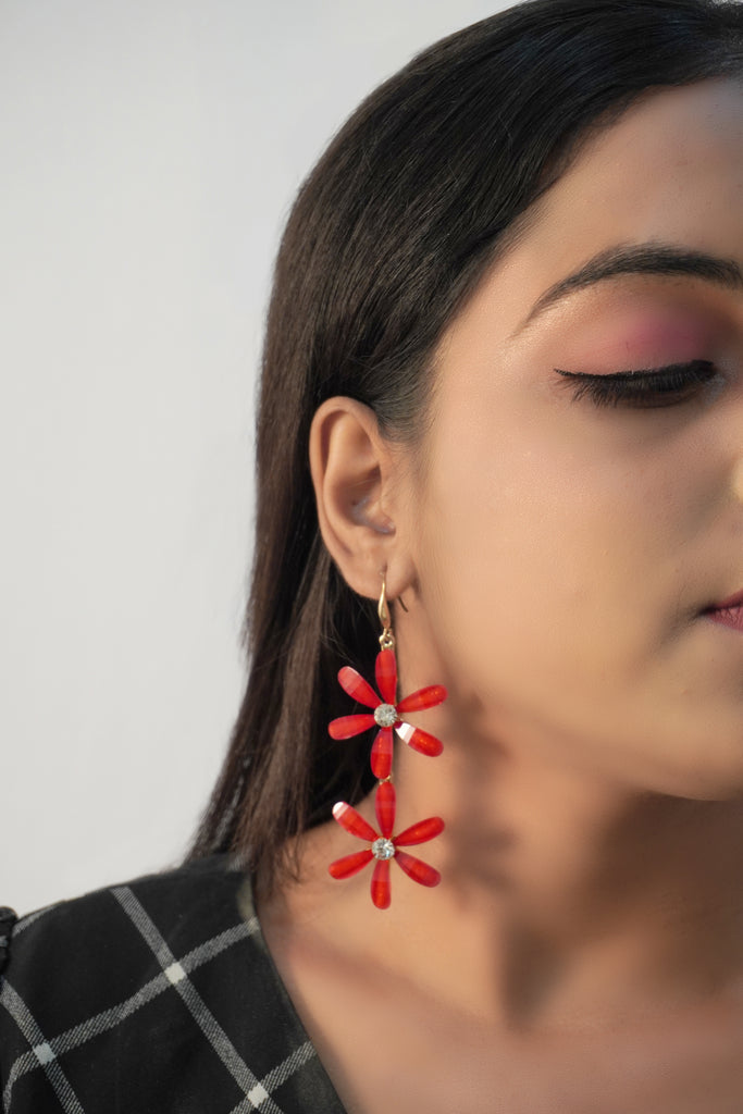 Red Flower Dangle Statement Earrings - Earrings - Buy Earrings for Girls