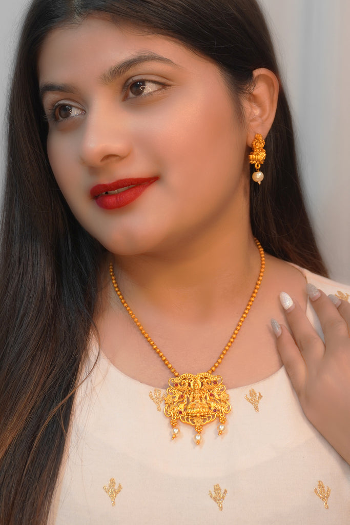 Gold Plated Brass Jewellery Set with Earring - Gold Chain Design