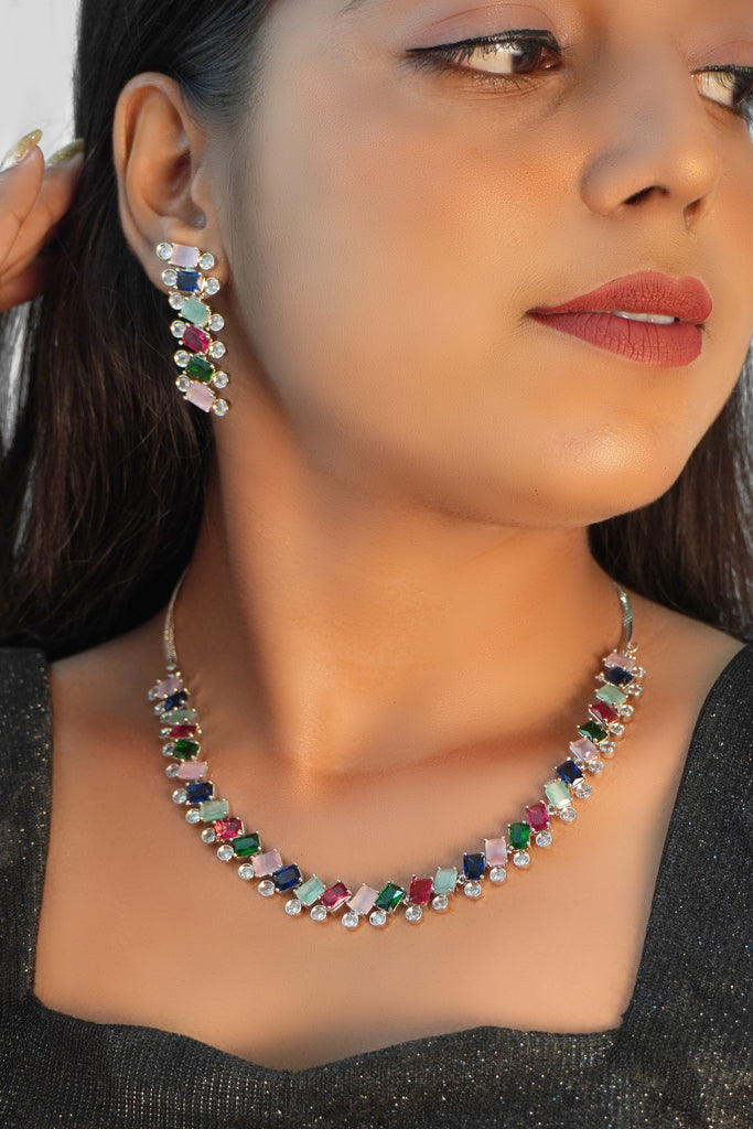 Multicolor Hydro Stones with Cubic Zirconia Necklace - Necklace Set for Girls