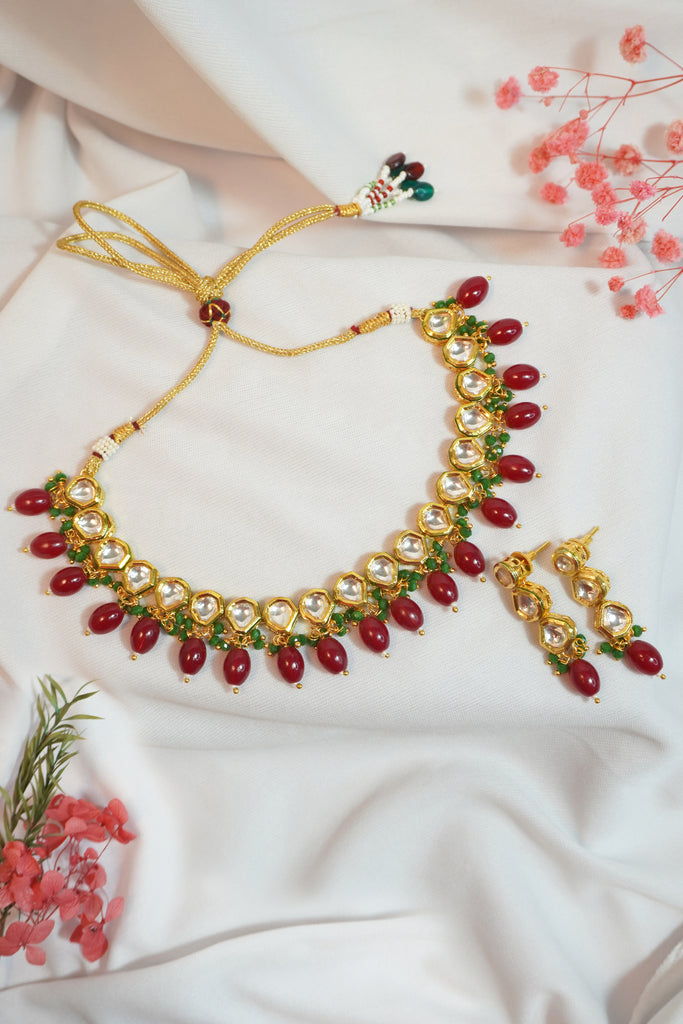 24K Gold Plated Red Kundan Choker Necklace Set - Niscka