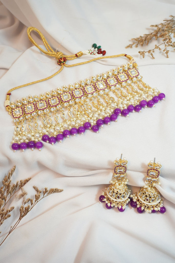 Purple Pearl Meenakari Kundan Choker Necklace Set
