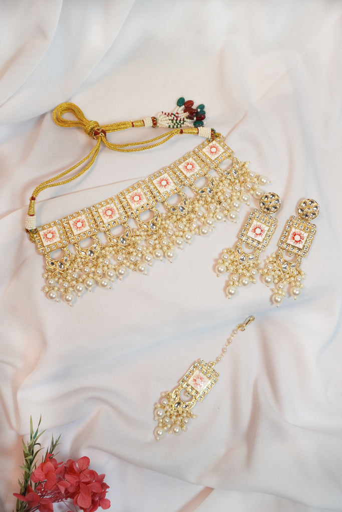 Pearl White Meenakari Choker Necklace Set