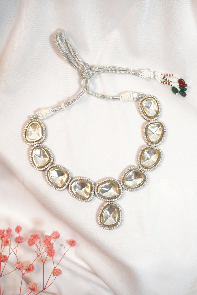 Polki Kundan Silver Plated Necklace Set - Polki Kundan Sets