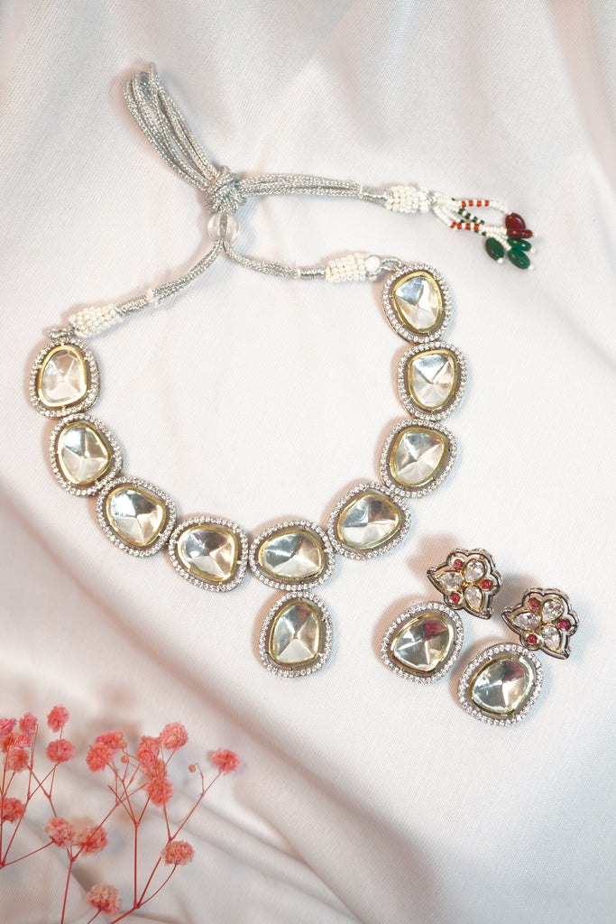 Kundan Silver Plated Necklace Set - Kundan Polki Jewellery