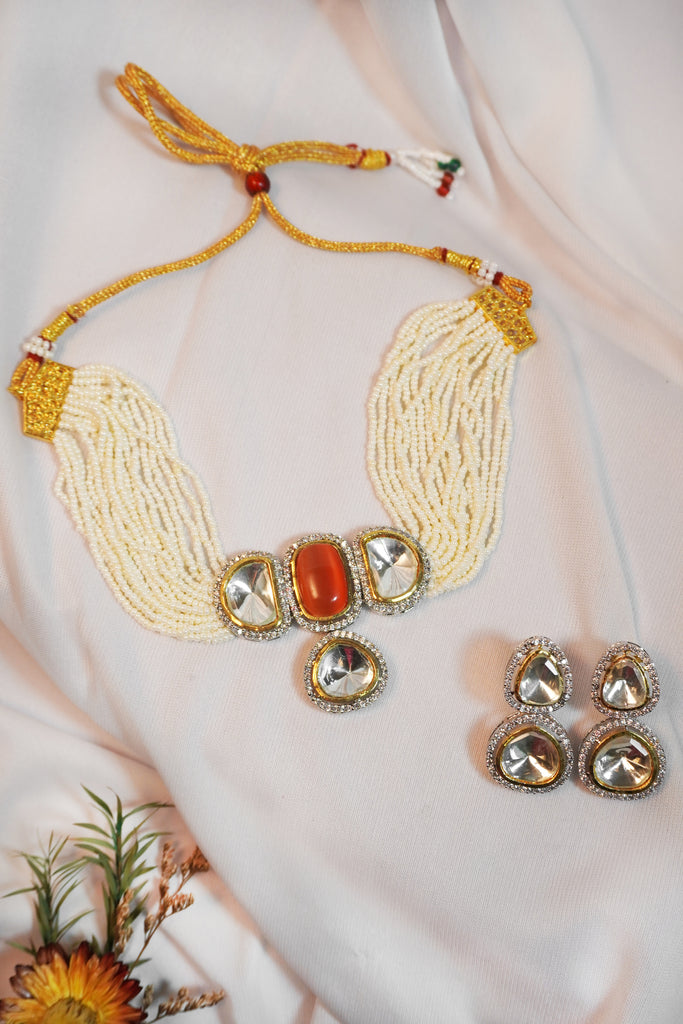 Polki Kundan Necklace Set with Orange Monalisa Stone - Kundan Necklace Set