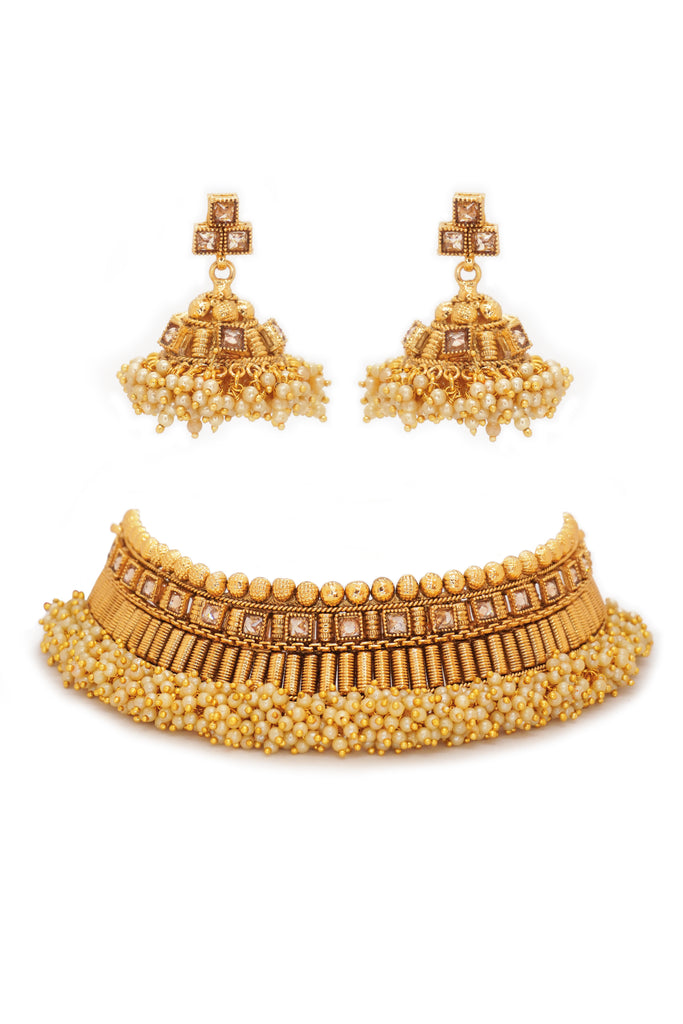 18k Gold Plated Traditional Pearl Drop Set Necklace Set - Jewellery for lehenga