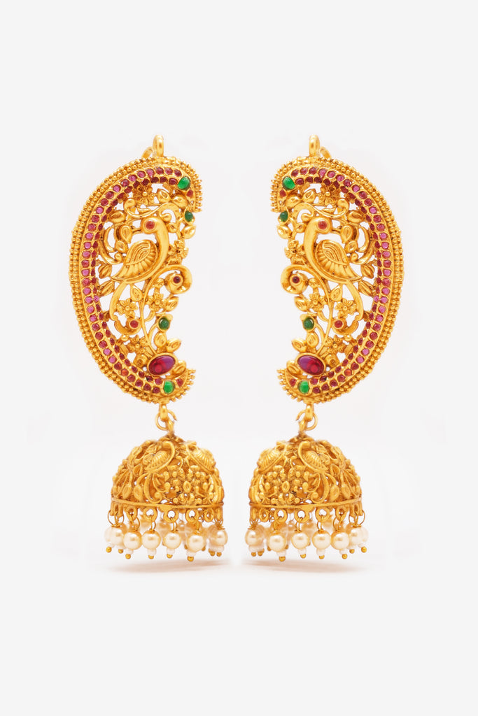 Peacock Matte Gold Toned Jhumka Earrings - Earrings for Kurti