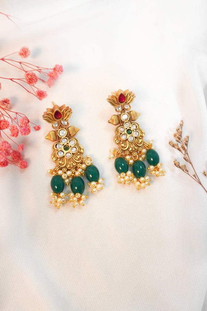 24K gold plated Emerald Stone Earring in Matte finish - Designer Earrings