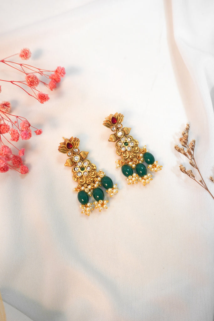 Emerald Stone Earring in Matte finish - Gold Earrings For Women