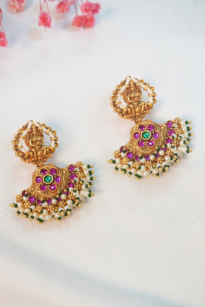 24K Gold Plated Temple Earrings With Beads - Temple Jewellery Earrings