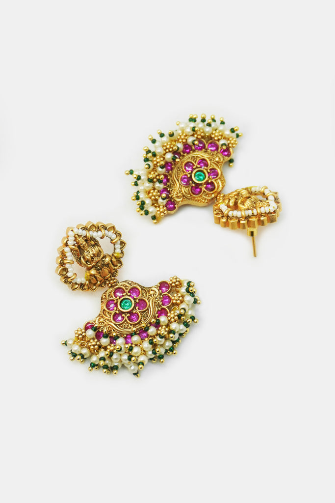 Gold Plated Temple Earrings with Beads - Beads Earrings Designs