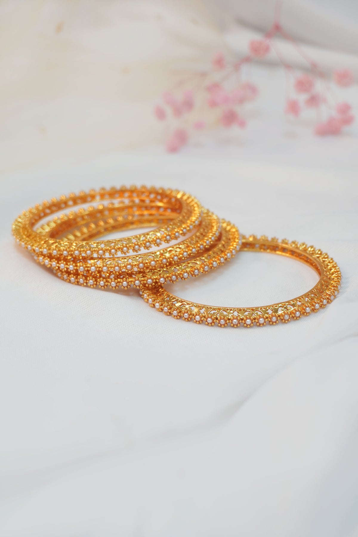 24k Gold Plated Designer Pearl Bangles - Gold Plated Bangles - Ethnic Pearl Bangles