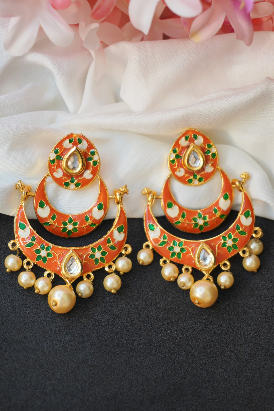 Buy Orange Gold Tone Kundan Earrings Online at Jayporecom