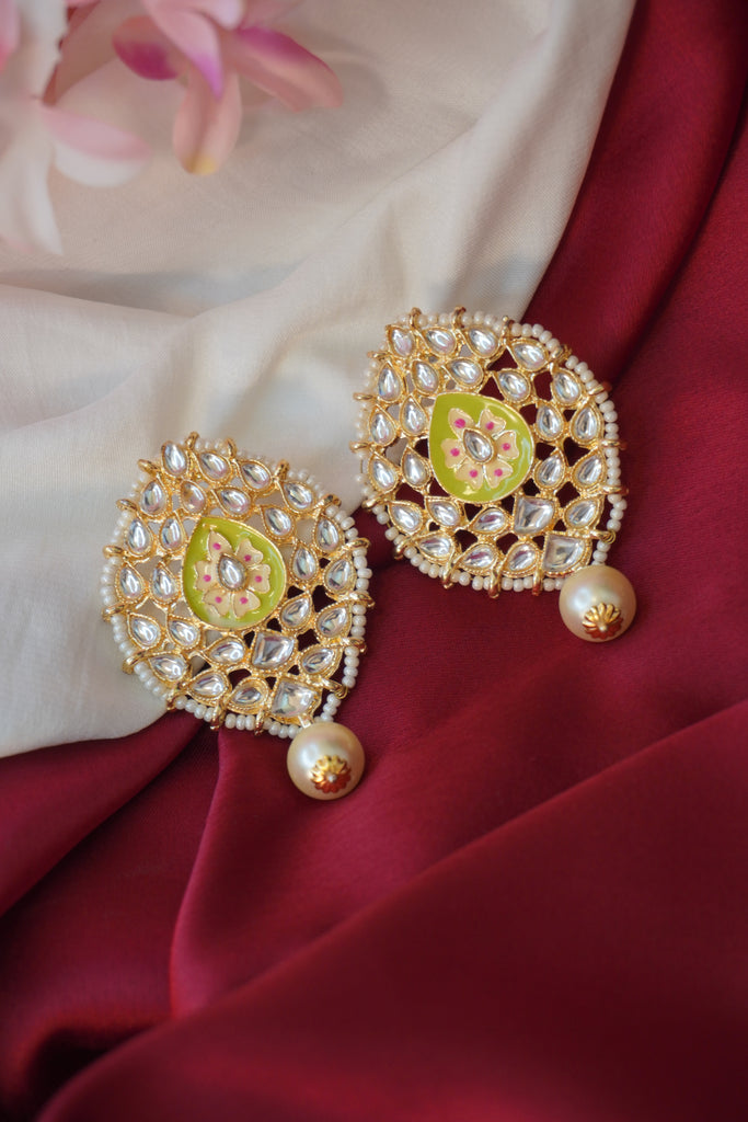 Meenakari Green & Gold Oval Shape Stud Earring - ‎Fancy Earrings 