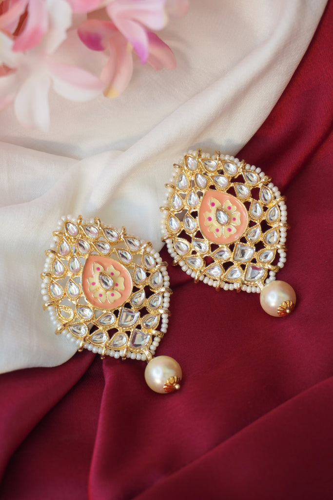 Meenakari Pink & Gold Oval Shape Stud Earring - Earrings for Girls