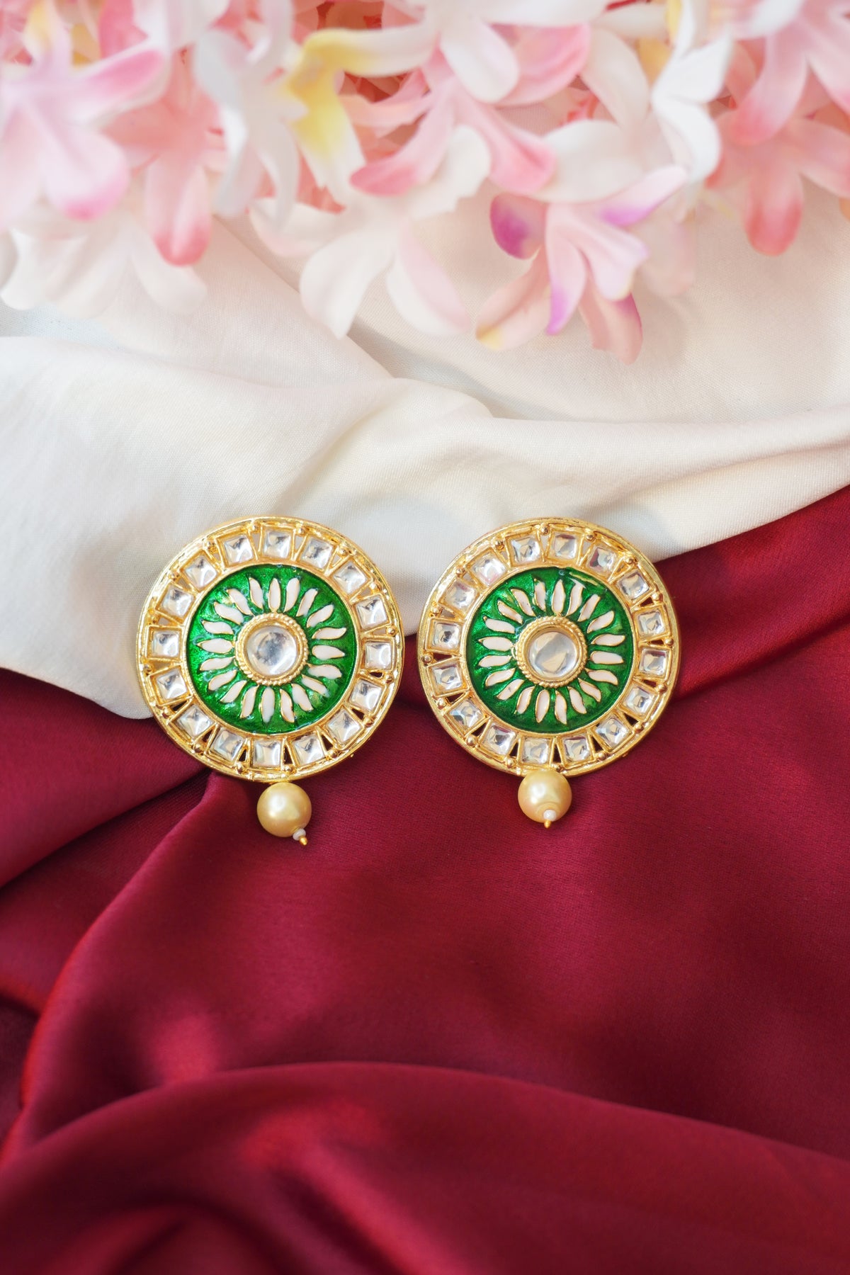 Green Meenakari Big Stud with Kundan Stone and Pearl - Earrings for Girls Artificial