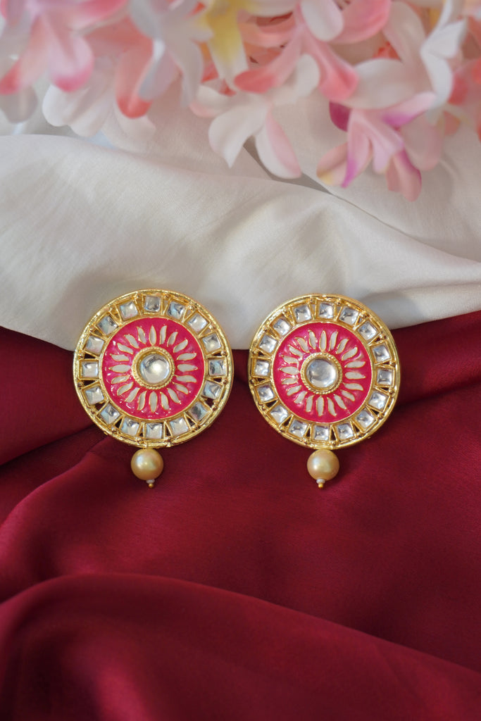 Pink Meenakari Big Stud with Kundan Stone and Pearl Earring - Earrings