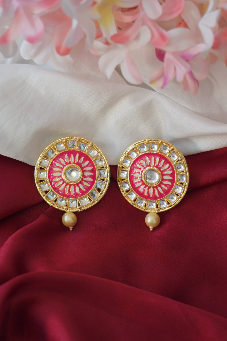 Gold Plated Round Shape Stud Earrings with Red Stone – VOYLLA