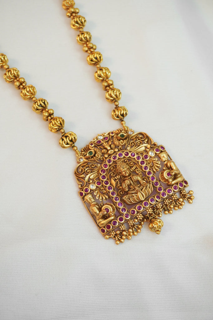 Temple Matar Mala Necklace with Earrings - Temple Jewellery Set In Gold