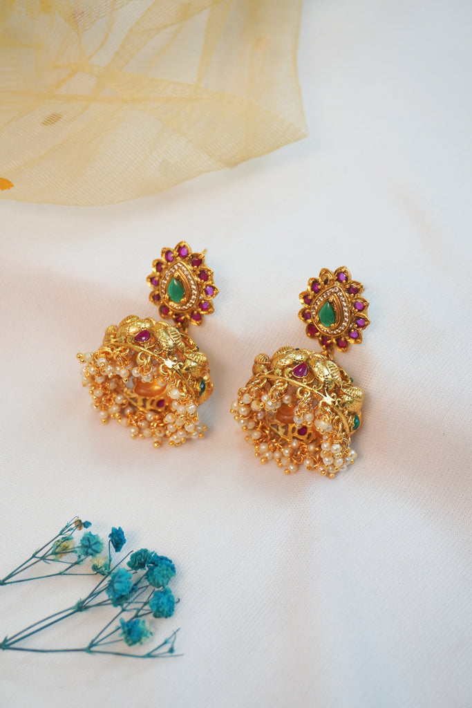 Gold Plated Maroon and Green Stone Jhumkas - Gold Plated Jhumka Designs