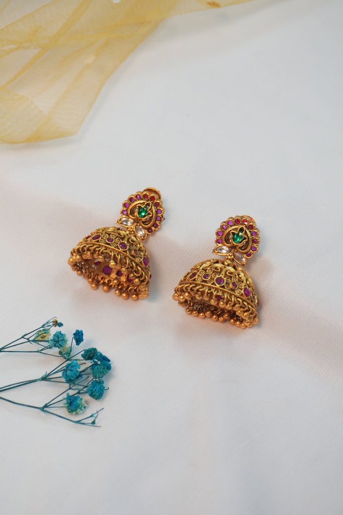 Gold Plated Pink Stone Jhumka in Matte Finish - Gold Plated Jhumka Designs - Bridal Jhumka Design