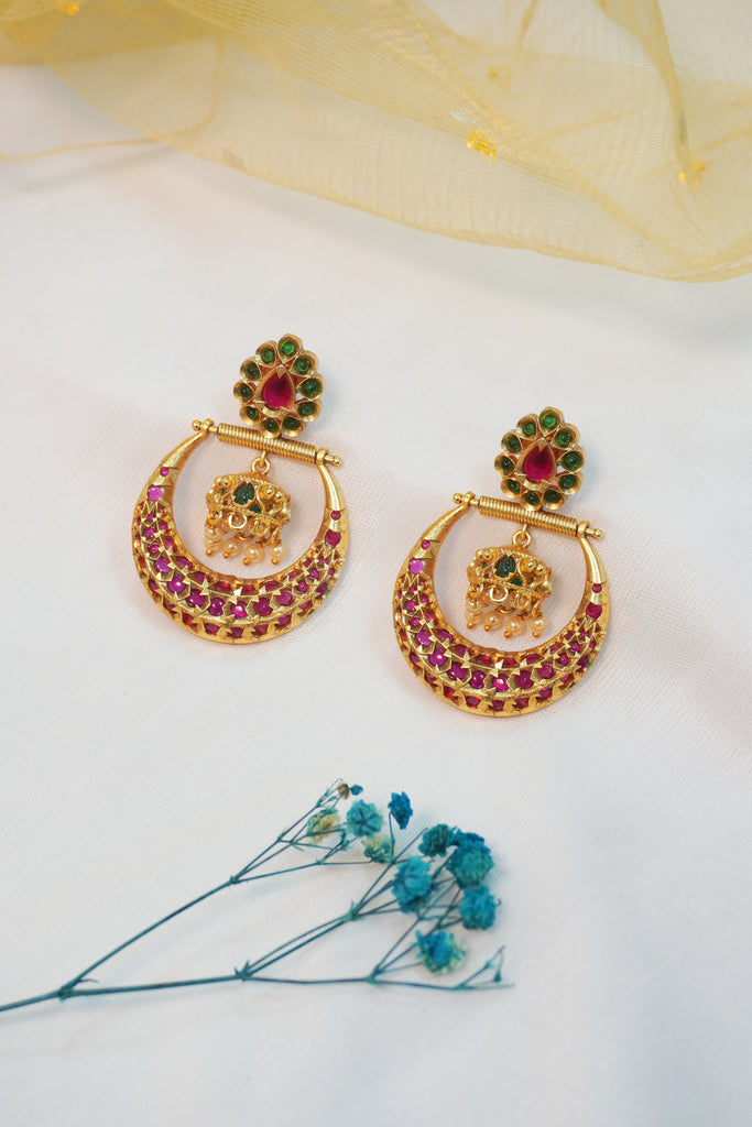 Gold Plated Green and Pink Stone Drop Earring - Drop Earrings Set