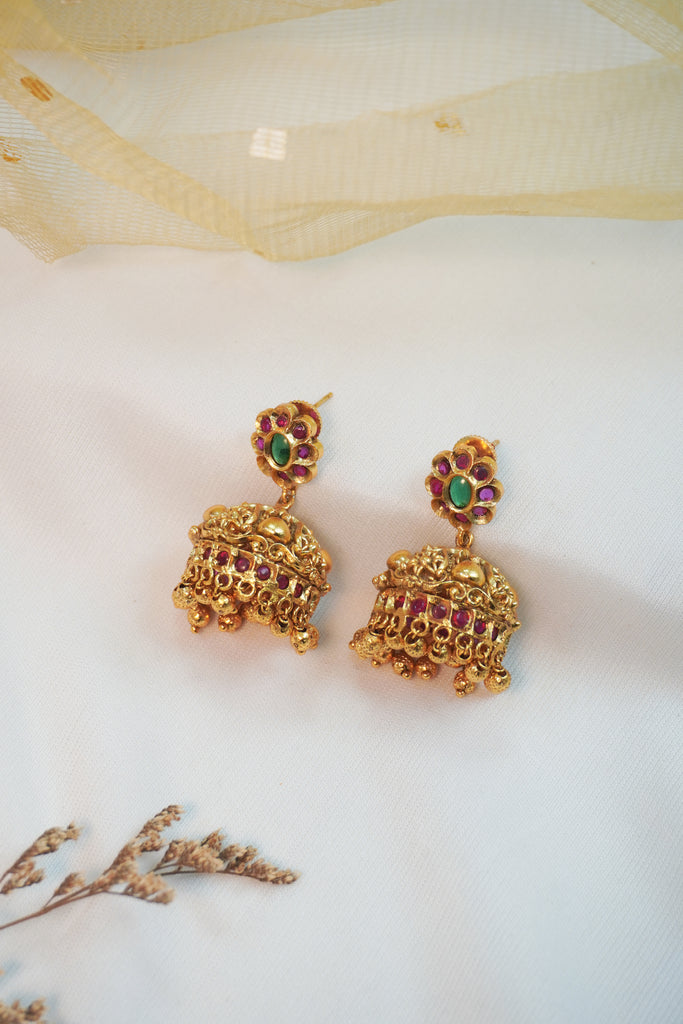 Gold Plated Pink and Green Stone Jhumki with Beads - Gold Plated Jhumka with Beads