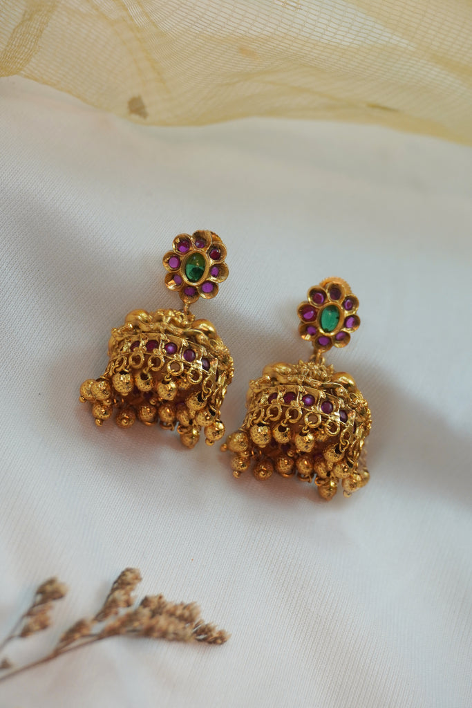 Pink and Green Stone Jhumki with Beads - Gold Plated Jhumka Design - Beads Earrings Design