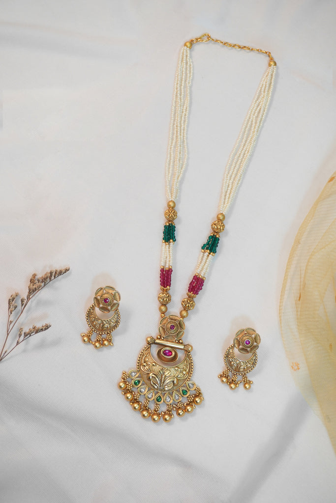 24k Gold Plated Long Gold Beads Necklace Set - Latest Beads Necklace Designs - Gold Beads Jewellery Online