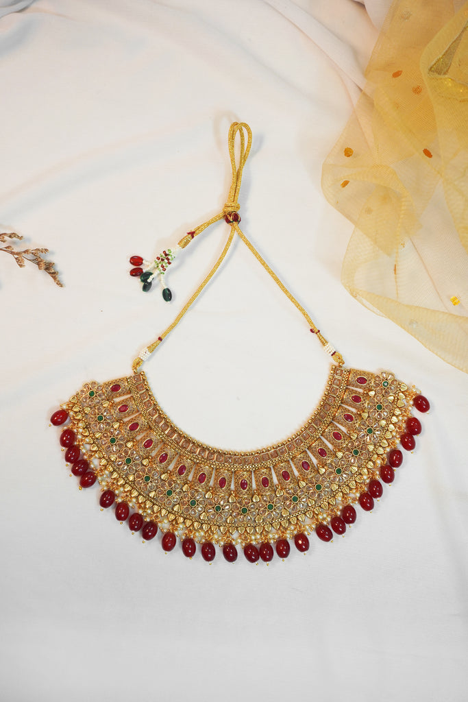 Gold Plated Red Pearl Choker Necklace set - Pearl Choker Set